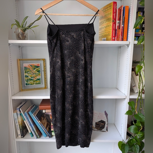 Y2K Mini Slip Dress Black Sparkle Starburst Pattern Size Small Celestial Fairy - Picture 7 of 8